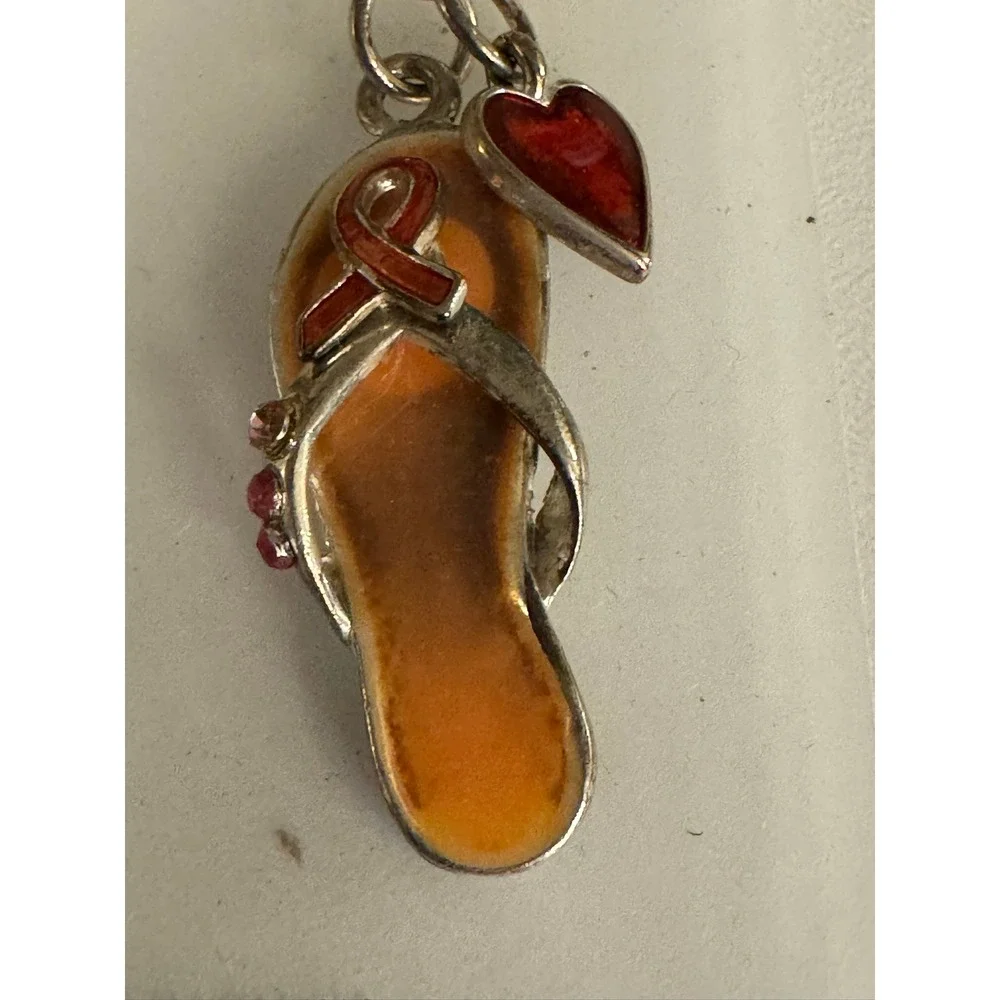 Flip Flop Keychain Charm Red Heart‎ Enamel Pink Rhinestones Awareness Ribbon